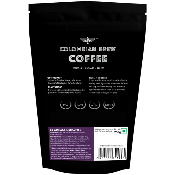 8906088701445_2.png Colombian Brew Vanilla Filter Coffee Powder, Arabica Roast & Ground, 250g (Make Espresso, French Press, Cold Brew, Hot Brew)