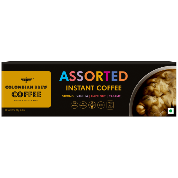 Colombian Brew Assorted Instant Coffee Powder Box (Strong,Vanilla,Hazelnut,Caramel) (Gift Pack Box Diwali, Rakhi) 80gm
