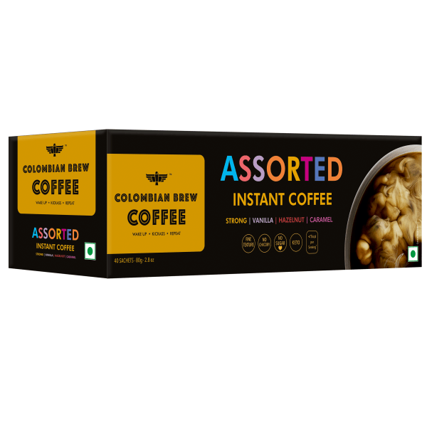 Colombian Brew Assorted Instant Coffee Powder Box (Strong,Vanilla,Hazelnut,Caramel) (Gift Pack Box Diwali, Rakhi) 80gm