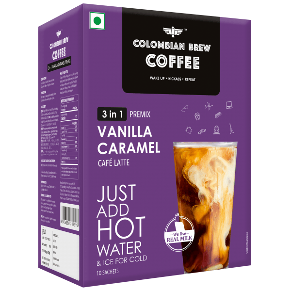8906088702596_2_bab70be1-102a-49f1-aad8-e7135846a924.png Colombian Brew Vanilla Caramel Café Latte, Instant Coffee Powder Premix (3 in 1), 8 Sachets Box 200g