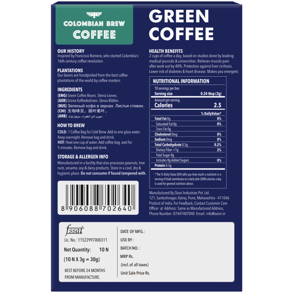 8906088702640_3.png Colombian Brew Coffee Green Coffee Powder, Hot & Cold Brew 10 Bags (For Weight Loss)