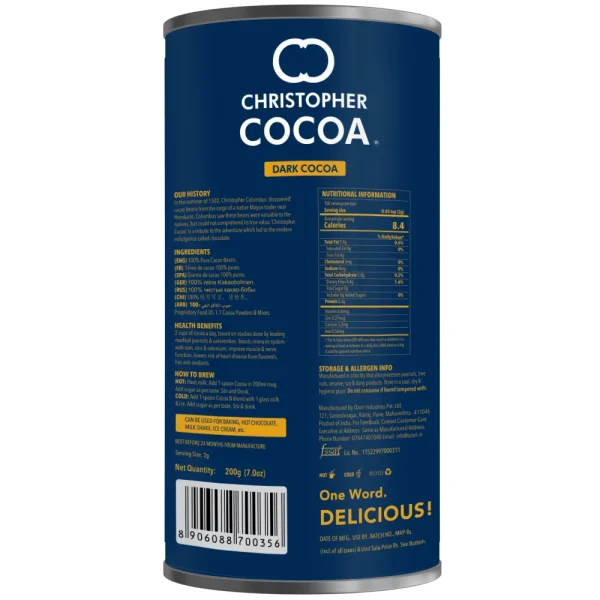 Christopher Cocoa, Dark Cocoa Powder, Unsweetened, 200g (Bake, Cake, Hot Chocolate, Drinking Shakes)