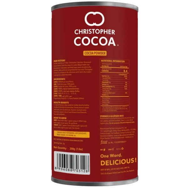 Christopher Cocoa, Natural Cocoa Powder, Unsweetend (Bake, Cake, Hot Chocolate, Drinking Shakes) 200g